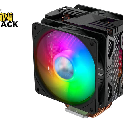 A black CPU cooler heatsink with an RGB LED fan showing a rainbow color spectrum, featuring a copper heat pipe and a mounting bracket, on a white background with a Kiwi Shack logo in the top-left corner.