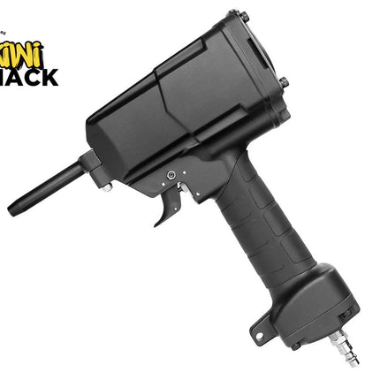 Black pneumatic air rivet gun / pneumatic rivet nut tool with a textured grip handle, extended front nozzle, air inlet fitting at the base, and Kiwi Shack logo watermark.