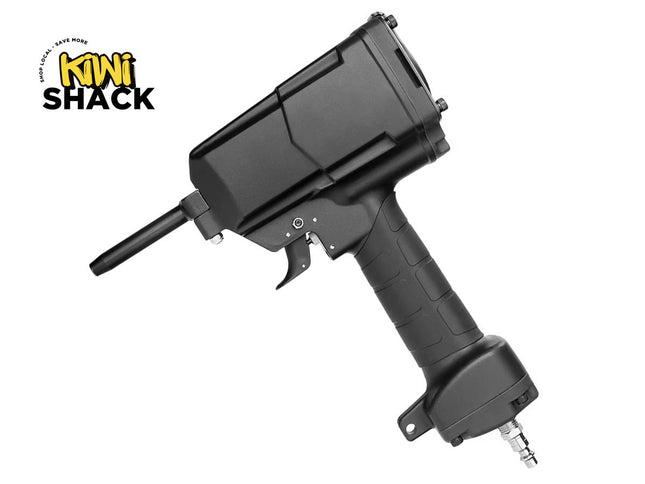 Black pneumatic air rivet gun / pneumatic rivet nut tool with a textured grip handle, extended front nozzle, air inlet fitting at the base, and Kiwi Shack logo watermark.
