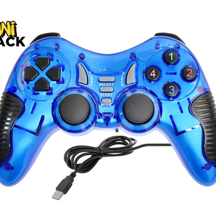 A transparent blue USB wired gaming controller with dual analog sticks, directional pad, numbered action buttons, and textured black grips, featuring the "Kiwi Shack" logo in the top-left corner.
