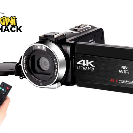4K Ultra HD video camera with remote control on a white background, featuring the Kiwi Shack brand.