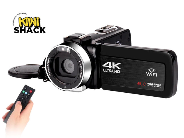 4K Ultra HD video camera with remote control on a white background, featuring the Kiwi Shack brand.