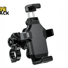 A black bike-mounted phone holder with a clamp-style mount and adjustable holder, shown on a white background with the Kiwi Shack logo in the top-left corner.