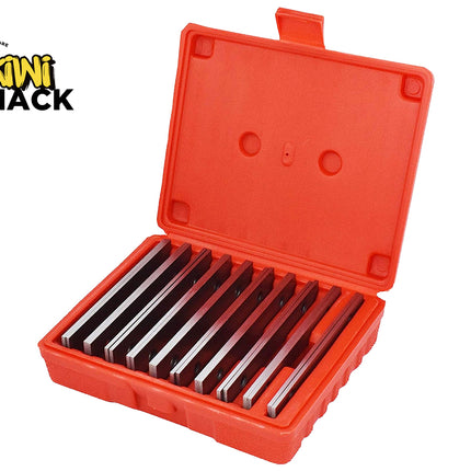 Set of metal tools in an open red case with 'Kiwi Shack' branding.