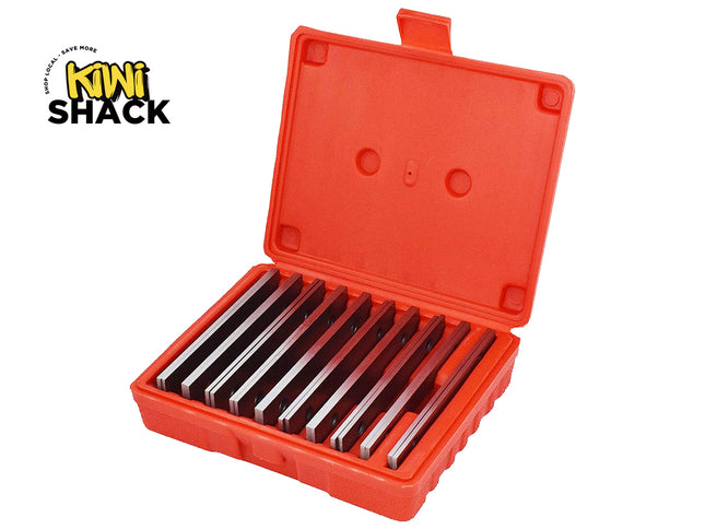 Set of metal tools in an open red case with 'Kiwi Shack' branding.