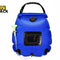 A blue portable camping shower bag featuring a top carrying handle, a fill cap, an attached clear hose with a showerhead and flow valve, a mesh front pocket, and a roll-top closure against a white background, featuring the "Kiwi Shack" logo in the upper left corner.