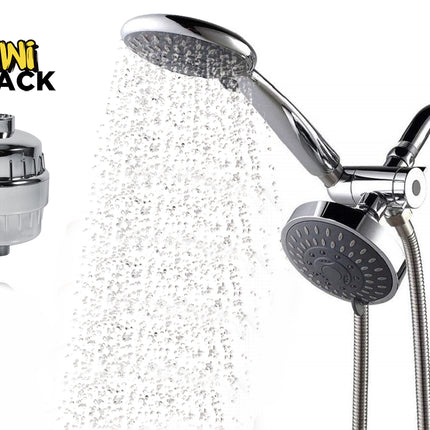 A chrome dual shower head system spraying water, shown alongside a separate chrome inline shower filter on the left against a white background. A "Kiwi Shack" logo appears in the top-left corner.