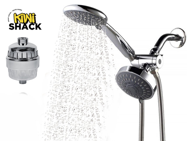 A chrome dual shower head system spraying water, shown alongside a separate chrome inline shower filter on the left against a white background. A "Kiwi Shack" logo appears in the top-left corner.