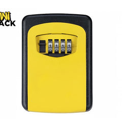 A yellow and black wall-mounted key lock box with a 4-digit combination dial, featuring the "Kiwi Shack" logo in the top-left corner.