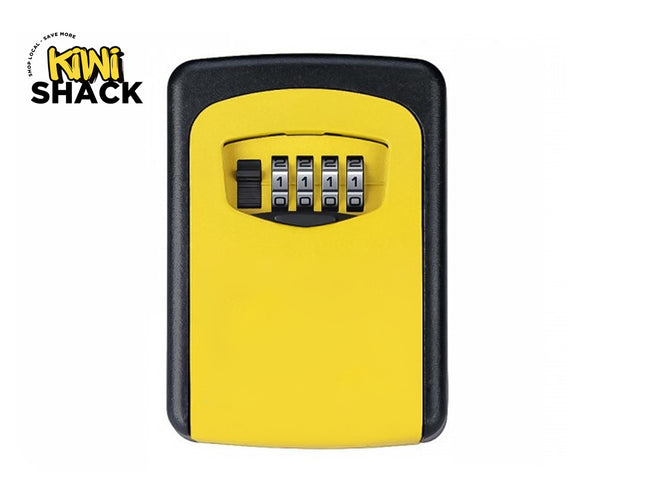 A yellow and black wall-mounted key lock box with a 4-digit combination dial, featuring the "Kiwi Shack" logo in the top-left corner.