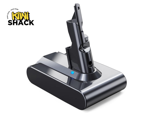 Kiwi Shack high-capacity replacement vacuum battery with quick-release click-in dock and LED charging indicator.