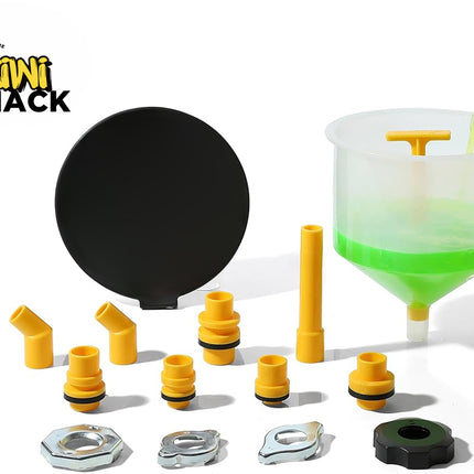 Kini Shack fuel cap replacement kit with various yellow plastic fittings, a black circular cap, silver metal nuts, and a green fuel cap, shown alongside a translucent funnel with yellow spout receiving green liquid, on a white background.