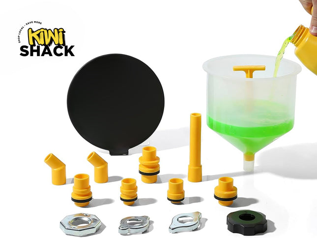 Kini Shack fuel cap replacement kit with various yellow plastic fittings, a black circular cap, silver metal nuts, and a green fuel cap, shown alongside a translucent funnel with yellow spout receiving green liquid, on a white background.