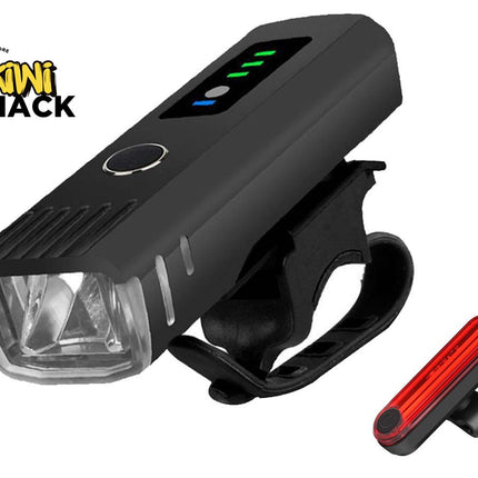 Black bicycle light with red tail light on a white background, featuring Kiwi Shack logo.