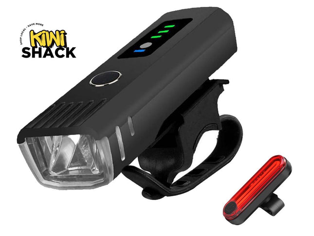 Black bicycle light with red tail light on a white background, featuring Kiwi Shack logo.