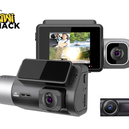 Car dashboard camera system with multiple cameras and screens on a white background, branded 'Kiwi Shack'.