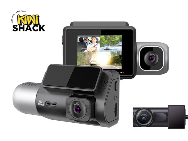 Car dashboard camera system with multiple cameras and screens on a white background, branded 'Kiwi Shack'.
