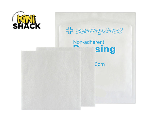 Two packages of sealaplast non-adherent padding with Kiwi Shack branding on a white background.