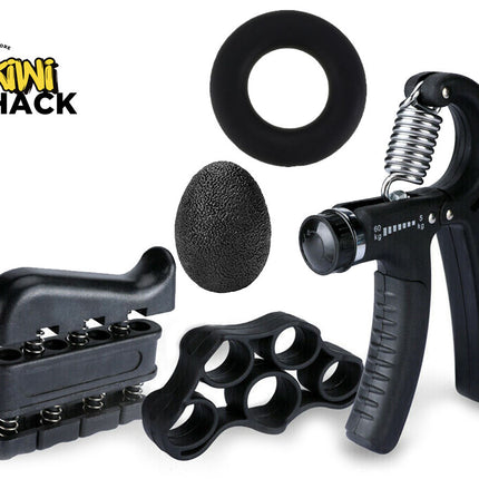 Hand grip trainer set with various components on a white background, featuring the Kiwi Shack brand.