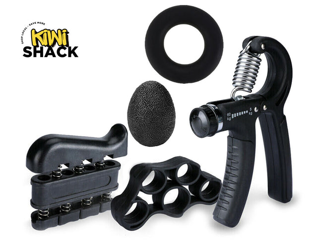 Hand grip trainer set with various components on a white background, featuring the Kiwi Shack brand.