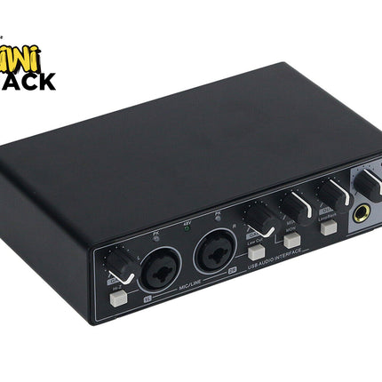 Black audio interface with multiple ports on a white background, featuring the Kiwi Shack logo.