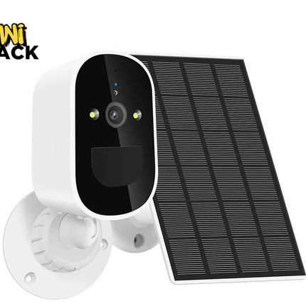 White security camera with solar panel on a white background, featuring the Kiwi Shack logo.