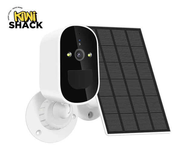 White security camera with solar panel on a white background, featuring the Kiwi Shack logo.