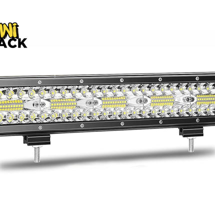 A dual-row LED light bar with a black metal housing and mounting bolts on the bottom against a white background, featuring the "Kiwi Shack" logo in the upper left corner.