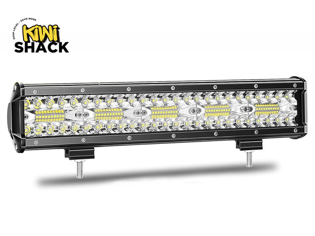 A dual-row LED light bar with a black metal housing and mounting bolts on the bottom against a white background, featuring the "Kiwi Shack" logo in the upper left corner.