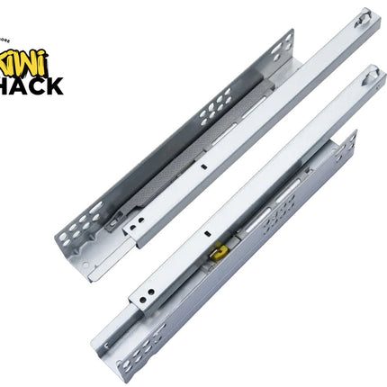 Two metal drawer slides on a white background with 'Kiwi Shack' branding.