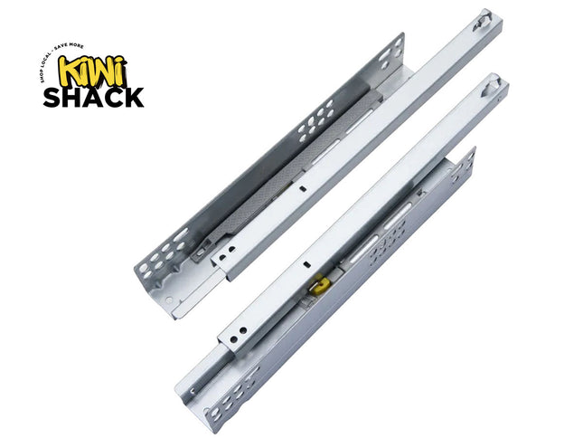 Two metal drawer slides on a white background with 'Kiwi Shack' branding.