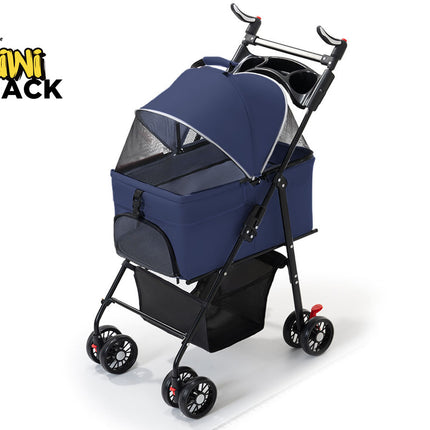 Blue pet stroller with black frame on a white background, featuring the Kiwi Shack logo.