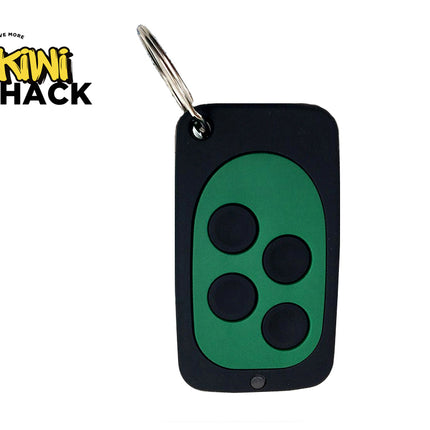 A black and green wireless remote control fob with four circular black buttons and an attached metal keychain ring against a white background, featuring the "Kiwi Shack" logo in the upper left corner.