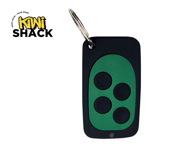 A black and green wireless remote control fob with four circular black buttons and an attached metal keychain ring against a white background, featuring the "Kiwi Shack" logo in the upper left corner.