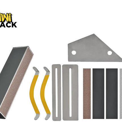 A Kiwi Shack sharpening and sanding kit with multiple tools arranged on a white background, including a sharpening stone, yellow-handled sharpening bars, metal guide pieces, sanding belts, and a metal scraper with an orange handle.