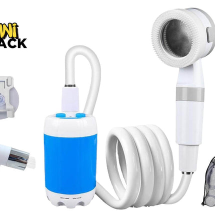 Portable electric camping shower kit with a blue/white submersible pump unit, coiled white hose, scrubber shower head, bidet spray attachment, suction wall mount, mesh storage bag, and Kiwi Shack logo in top left.