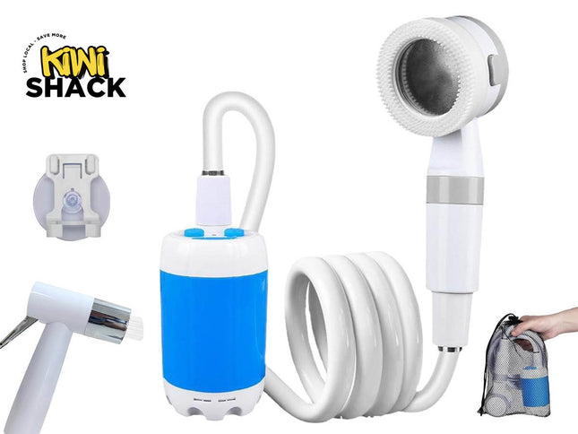 Portable electric camping shower kit with a blue/white submersible pump unit, coiled white hose, scrubber shower head, bidet spray attachment, suction wall mount, mesh storage bag, and Kiwi Shack logo in top left.