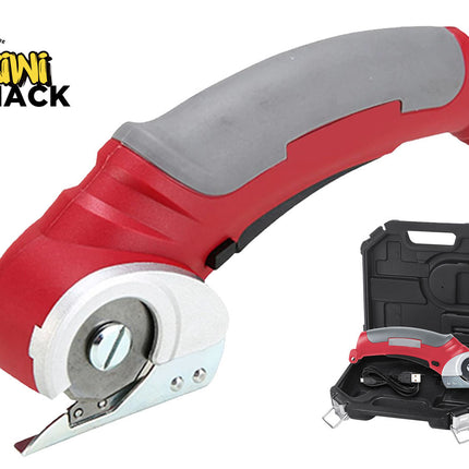 A red and gray Kiwi Shack utility knife with a white guard, shown alongside its black plastic carrying case on a white background.