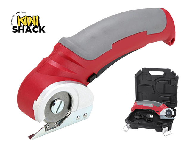 A red and gray Kiwi Shack utility knife with a white guard, shown alongside its black plastic carrying case on a white background.