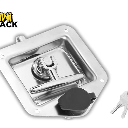 Metal lock mechanism with keys on a white background, featuring the Kiwi Shack logo.