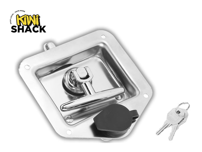 Metal lock mechanism with keys on a white background, featuring the Kiwi Shack logo.