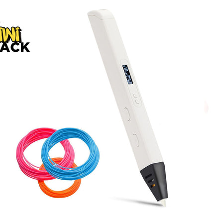 A white 3D printing pen with a black tip is shown on a white background next to three coiled strands of filament in pink, blue, and orange. The Kiwi Shack logo is visible in the top-left corner.