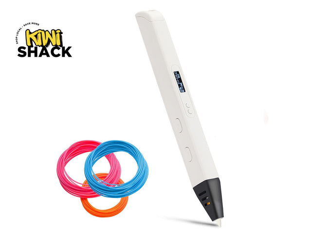 A white 3D printing pen with a black tip is shown on a white background next to three coiled strands of filament in pink, blue, and orange. The Kiwi Shack logo is visible in the top-left corner.