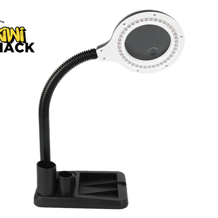 Black and white magnifying lamp with flexible neck on a white background, branded as Kiwi Shack.