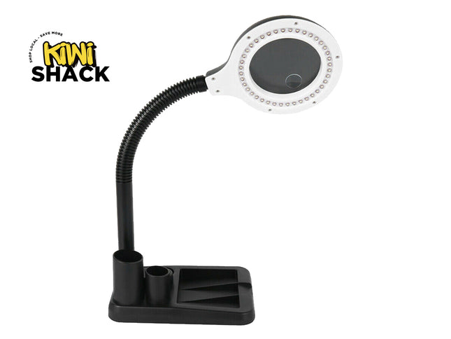 Black and white magnifying lamp with flexible neck on a white background, branded as Kiwi Shack.