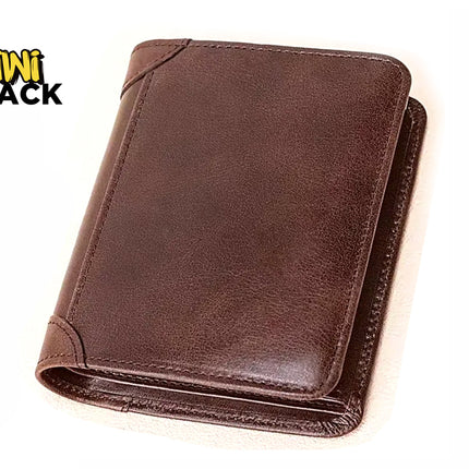 Kiwi Shack premium brown leather men's wallet with reinforced stitched corners and classic trifold design.