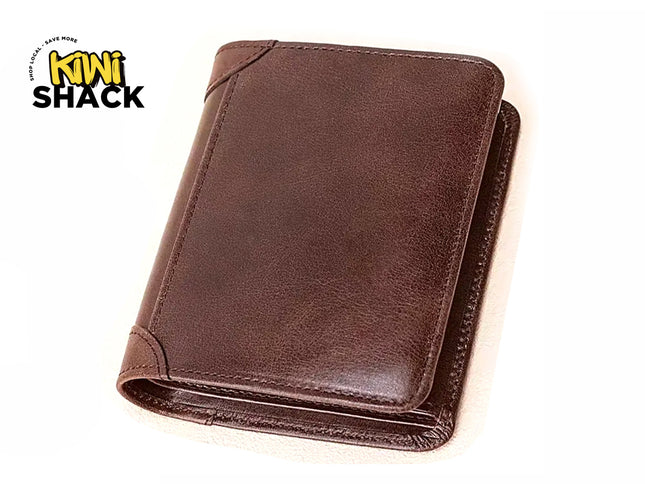 Kiwi Shack premium brown leather men's wallet with reinforced stitched corners and classic trifold design.