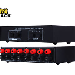 Audio crossover network and switch with red connectors on a white background, featuring the Kiwi Shack logo.