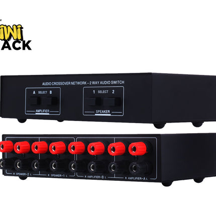 Audio crossover network and switch with red connectors on a white background, featuring the Kiwi Shack logo.