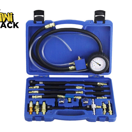 Blue diagnostic tool kit with hoses and gauge on a white background, branded 'Kiwi Shack'.